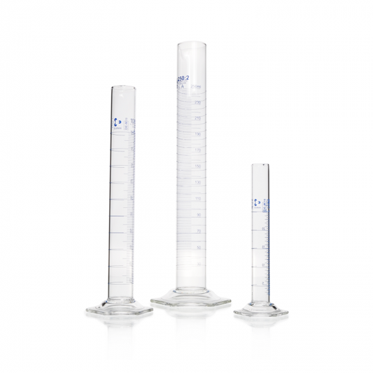 DURAN® Measuring cylinder, main points ring graduation, blue, class A, hexagona