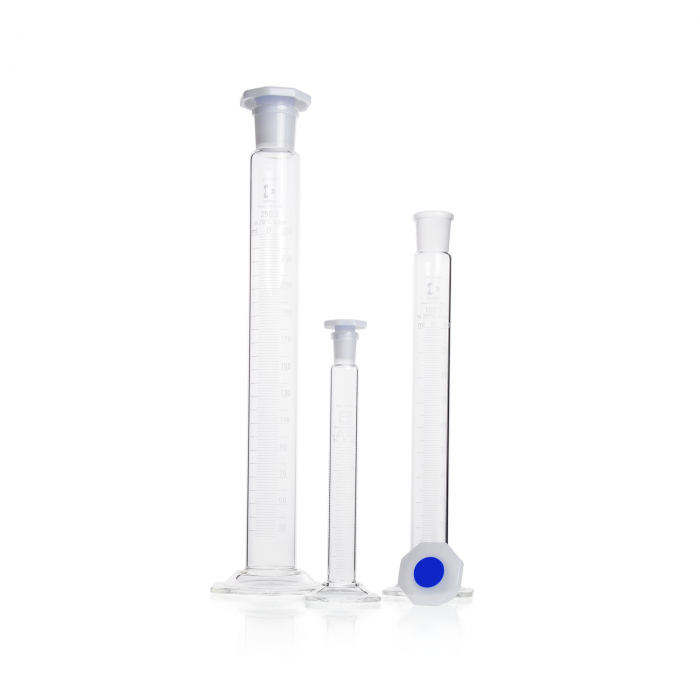 DURAN® Mixing cylinder, hexagonal base, class B, white graduation, NS 10/19, oc