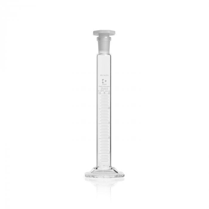 DURAN® Mixing cylinder, hexagonal base, class B, white graduation, NS 14/23, oc