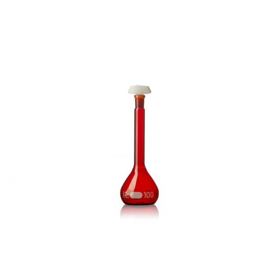 DURAN® volumetric flask, amber, 100 ml, Class A, with PE-stopper 12/21, UKAS ce