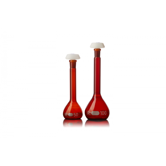 DURAN® volumetric flask, amber, 200 ml, Class A, with PE-stopper 14/23, UKAS ce