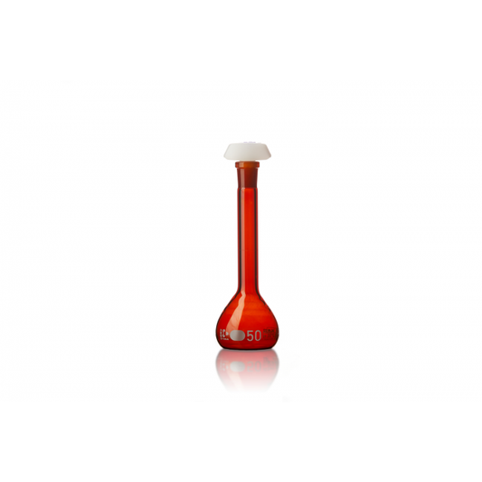 DURAN® volumetric flask, amber, 50 ml, Class A, with PE-stopper 12/21, UKAS cer