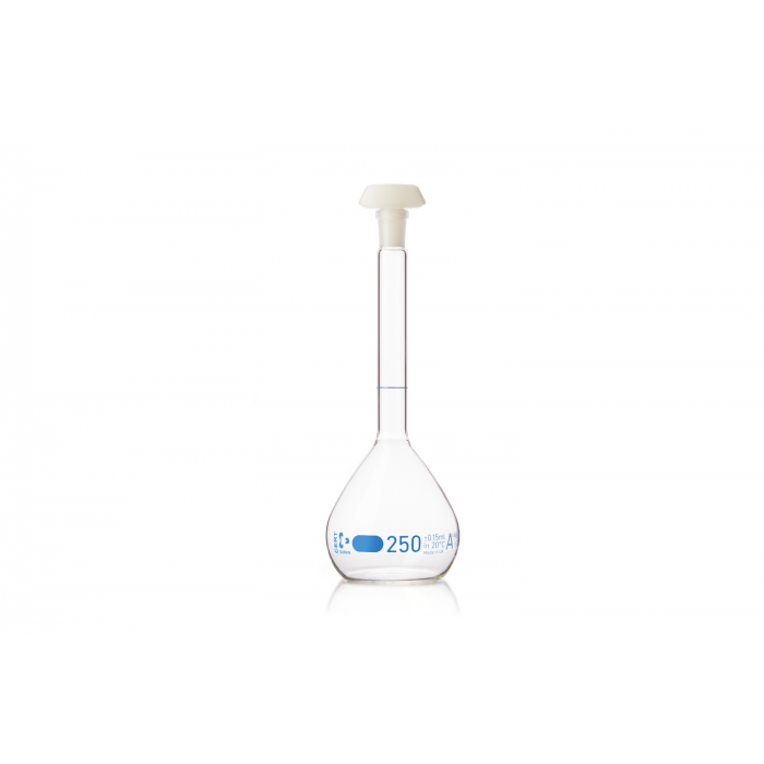 DURAN® Volumetric flask,blue graduation, class A, individual certificate, with