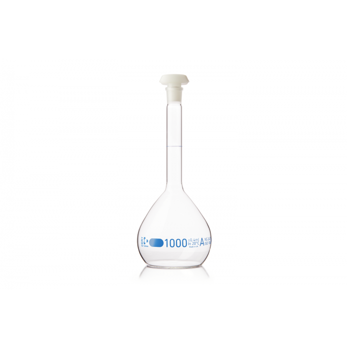 DURAN® Volumetric flask,blue graduation, class A, individual certificate, with