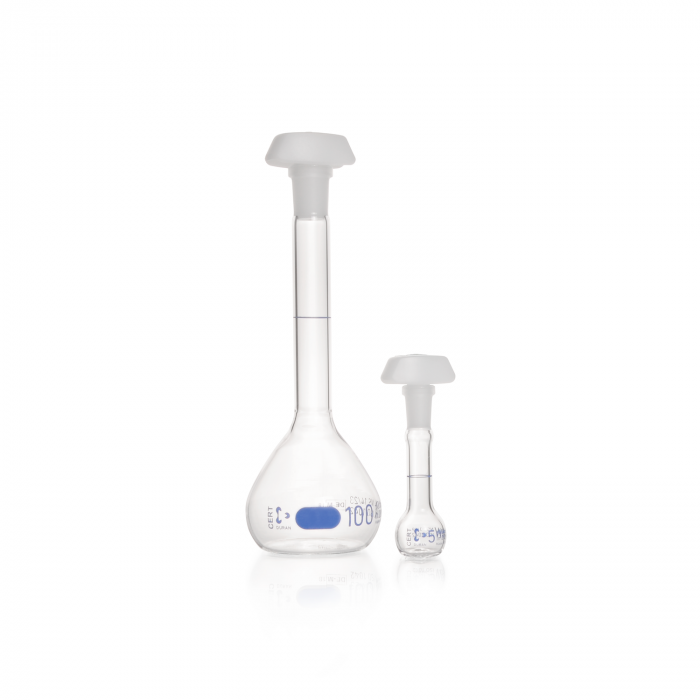 DURAN® Volumetric flask,blue graduation, class AW, individual certificate, with