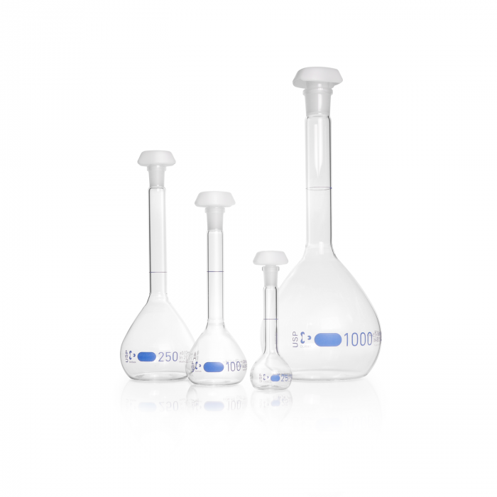 DURAN® Volumetric flask,blue graduation, class AW, USP conformity, individual c