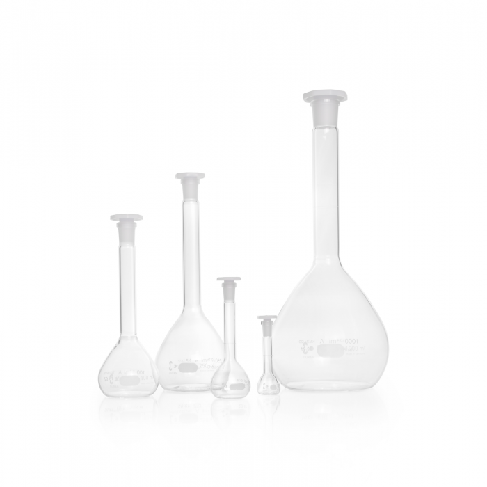 DURAN® Volumetric flask, white graduation, class A, batch certificate, with one