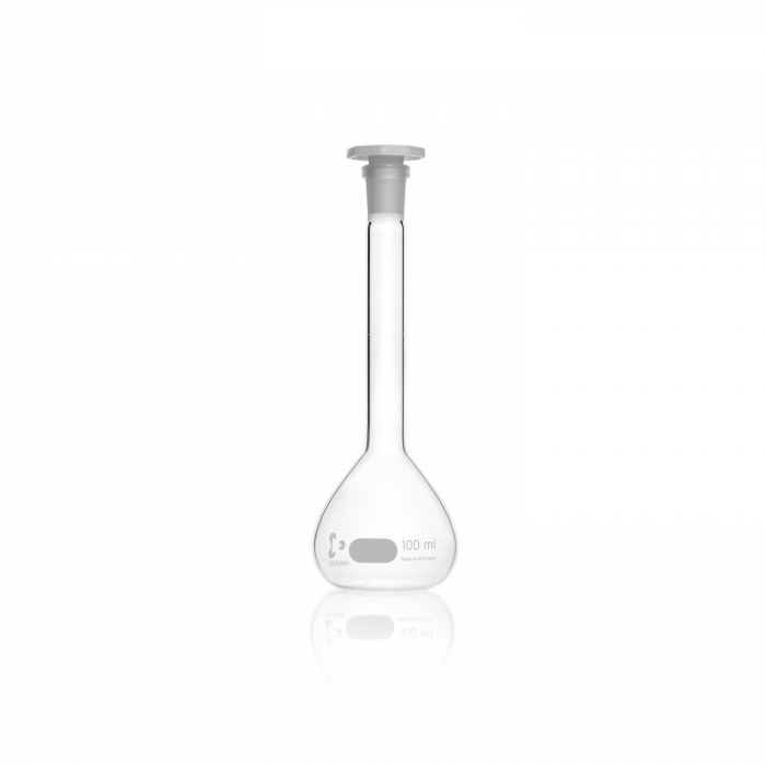 DURAN® Volumetric flask, white graduation, class A, batch certificate, with one
