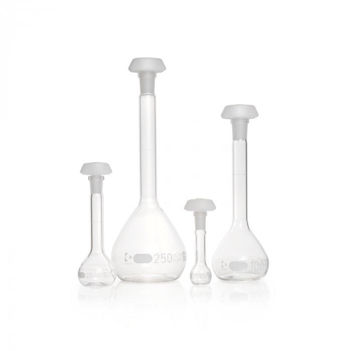 DURAN® Volumetric flask,white graduation, class B, with one graduation mark, po