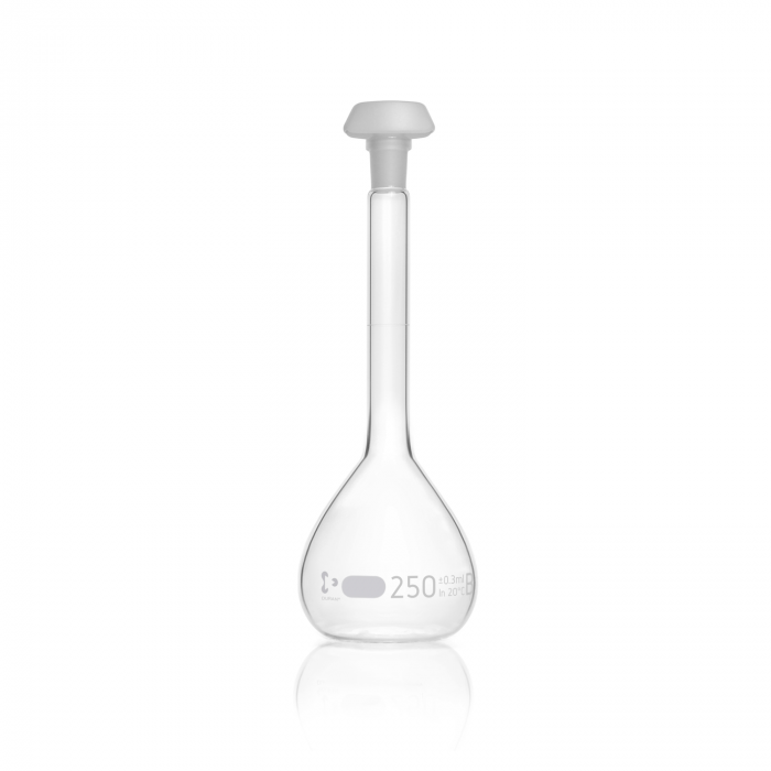 DURAN® Volumetric flask,white graduation, class B, with one graduation mark, po