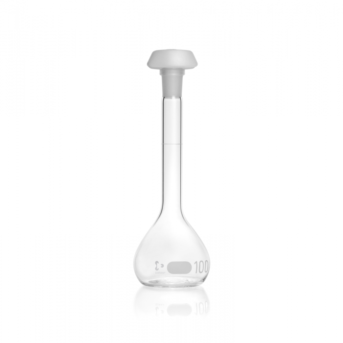 DURAN® Volumetric flask,white graduation, class B, with one graduation mark, po