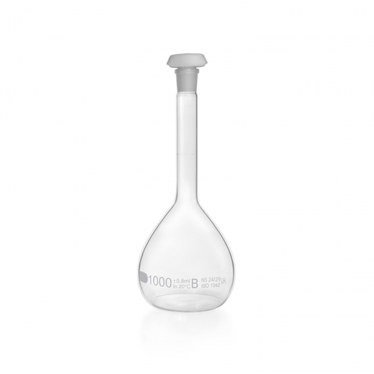 DURAN® Volumetric flask,white graduation, class B, with one graduation mark, po