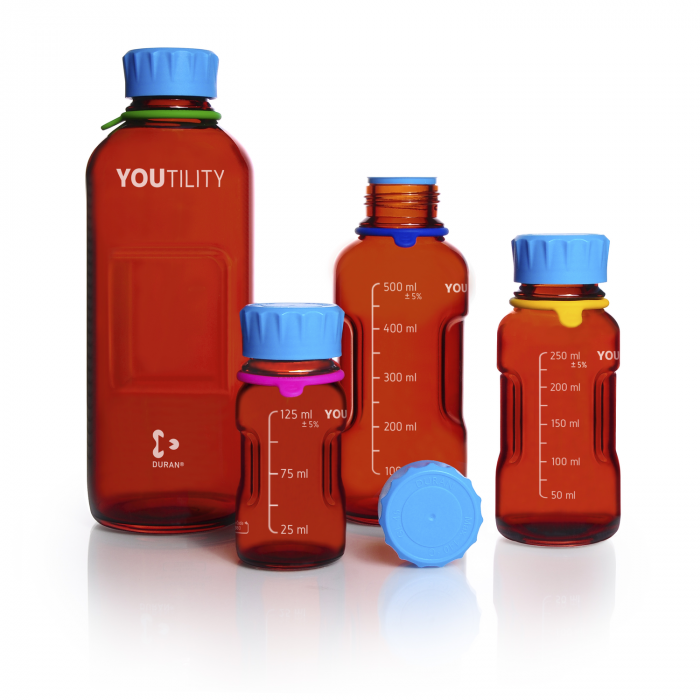 DURAN® YOUTILITY Bottle GL45, amber, with Screw cap, pouring ring, and Bottle t