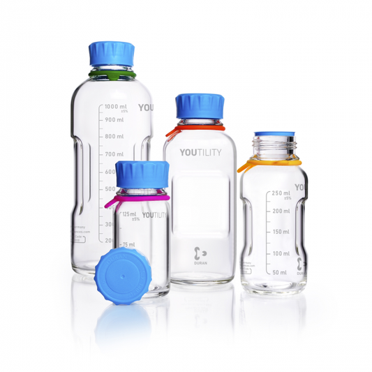 DURAN® YOUTILITY Bottle GL45, clear, with Screw cap, pouring ring, and Bottle t