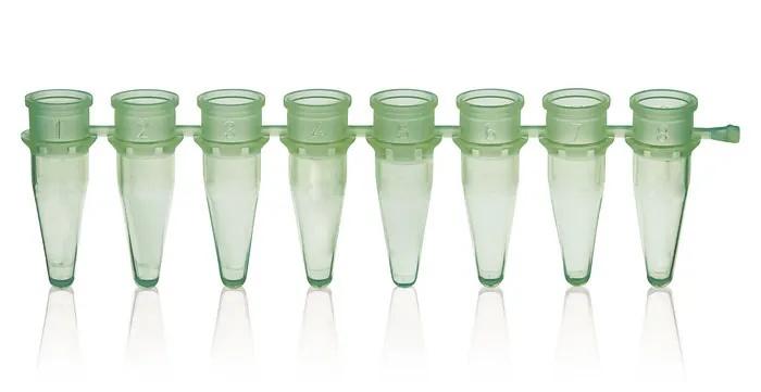 PCR-tube strip of 8 thin-walled w/o cap
0,2 ml, green, PP, pack of 125
BIO-CER