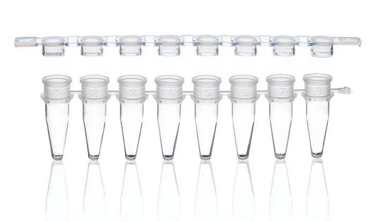 PCR-tubes and caps, strip of 8 colorless
flat cap for qPCR, 250 tubes + 250 cap