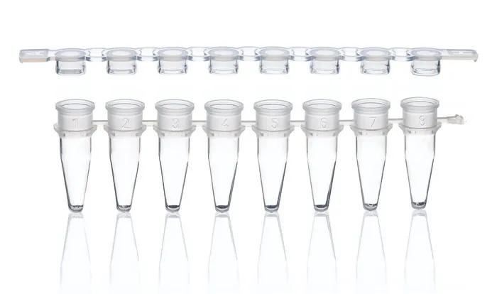 PCR-tubes and caps, strip of 8 colorless
flat cap for qPCR, 250 tubes + 250 cap