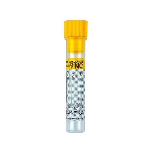 Promed ® test tube 12x56 mm with 0,1 ml of Sodium Citrate (3,8 %) yellow cap for
