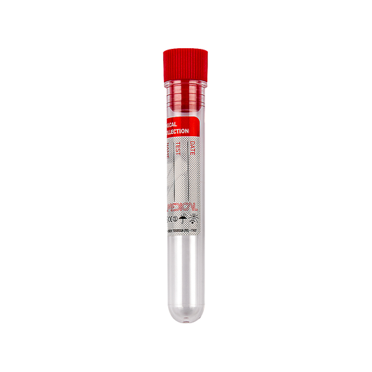 Promed ® test tube 16x100 mm 10 ml conical in PS with red cap and label, sterile