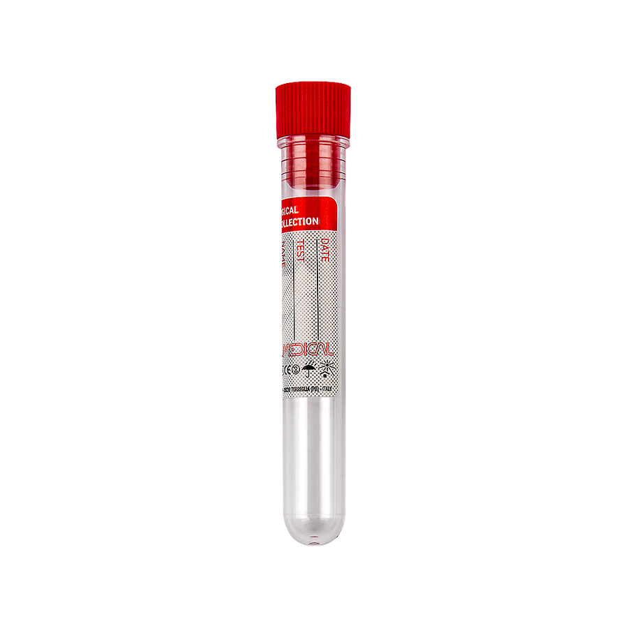 Promed ® test tube 16x100 mm 10 ml conical in PS with red cap and label, sterile