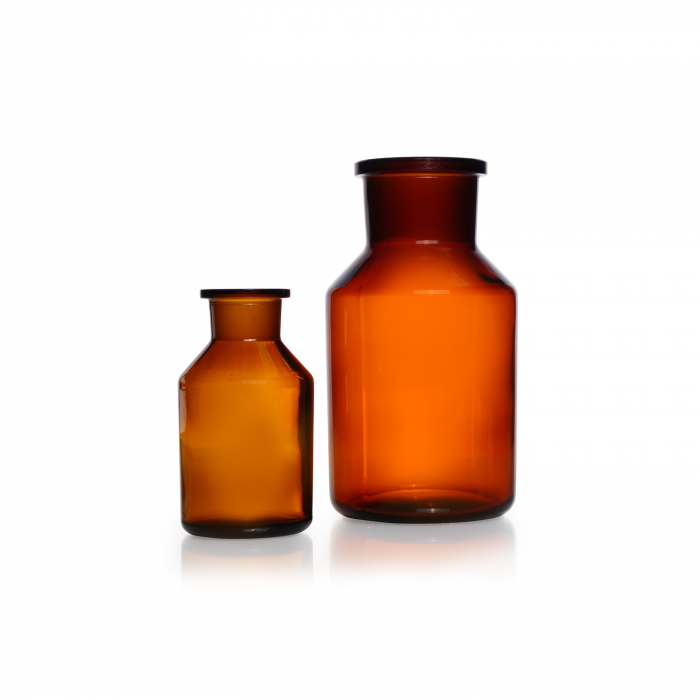 Reagent bottle, wide neck, soda-lime-glass, amber, NS 60/46, with stopper, 1000