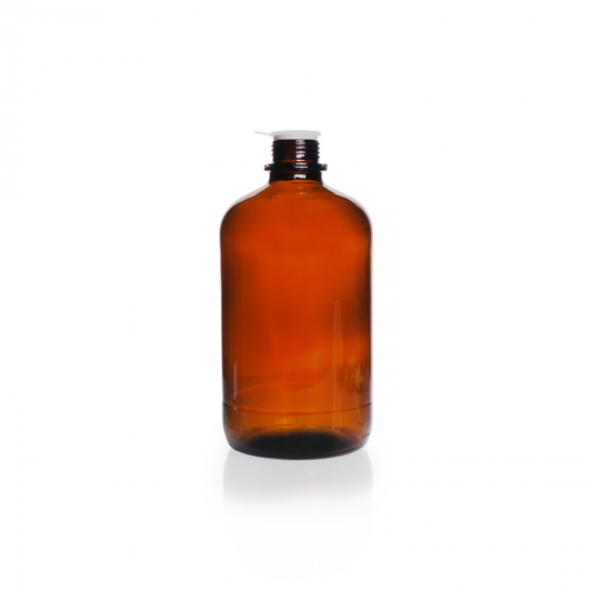 Round bottle, narrow neck, amber, soda-lime-glass, pouring ring and dust cap, 2