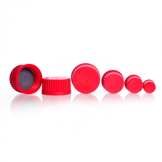 Screw-caps, GL 14, PBT, closed, red, with PTFE protected seal