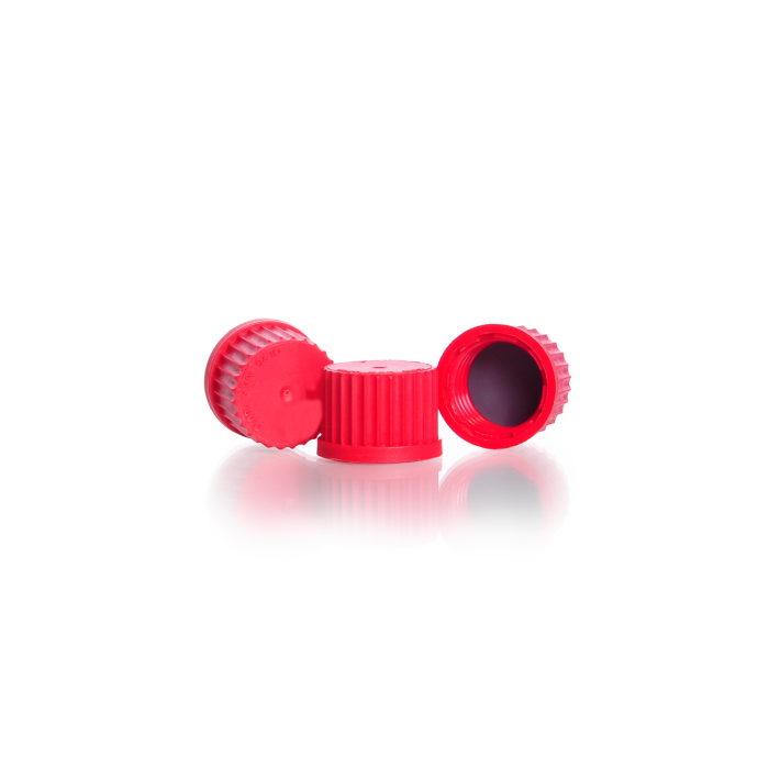 Screw-caps, GL 25, PBT, closed, red, with PTFE protected seal, for DURAN® labor