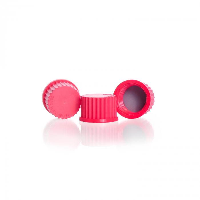 Screw-caps, GL 32, PBT, closed, red, with PTFE protected seal, for DURAN® labor