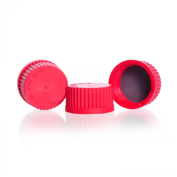 Screw-caps, GL 45, PBT, red, with PTFE protected seal, for DURAN® laboratory gl