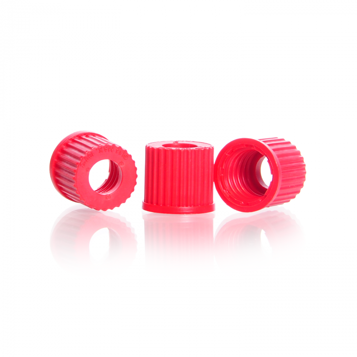Screw-caps with aperture, GL 14, PBT, red, aperture bore 9,5 mm