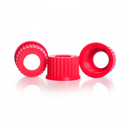 Screw-caps with aperture, GL 25, PBT, red, aperture bore 15 mm