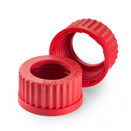 Screw-caps with aperture, GL 45, PBT, red, aperture bore 34 mm