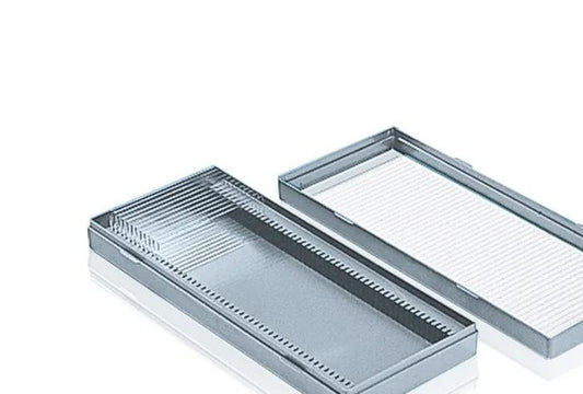 Slide box, PS
for 100 slides 76 x 26 mm
numbered slots in the base, index card