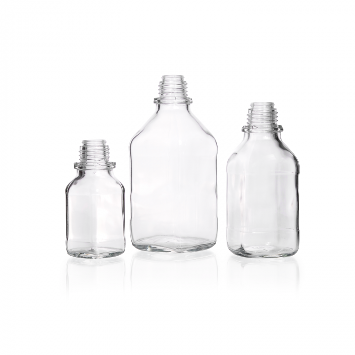 Square bottle, narrow neck, clear, 100 ml, without dust cap & pouring ring, sod