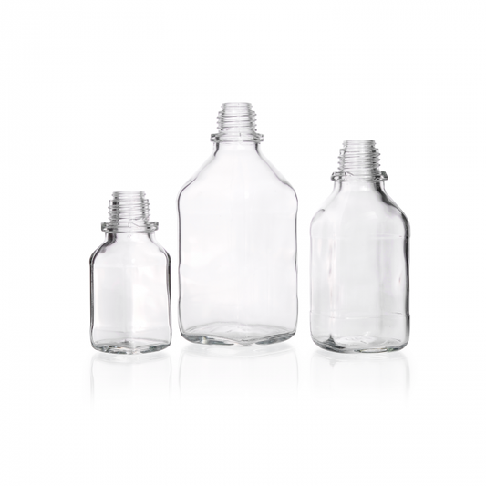 Square bottle, narrow neck, clear, 250 ml, without dust cap & pouring ring, sod