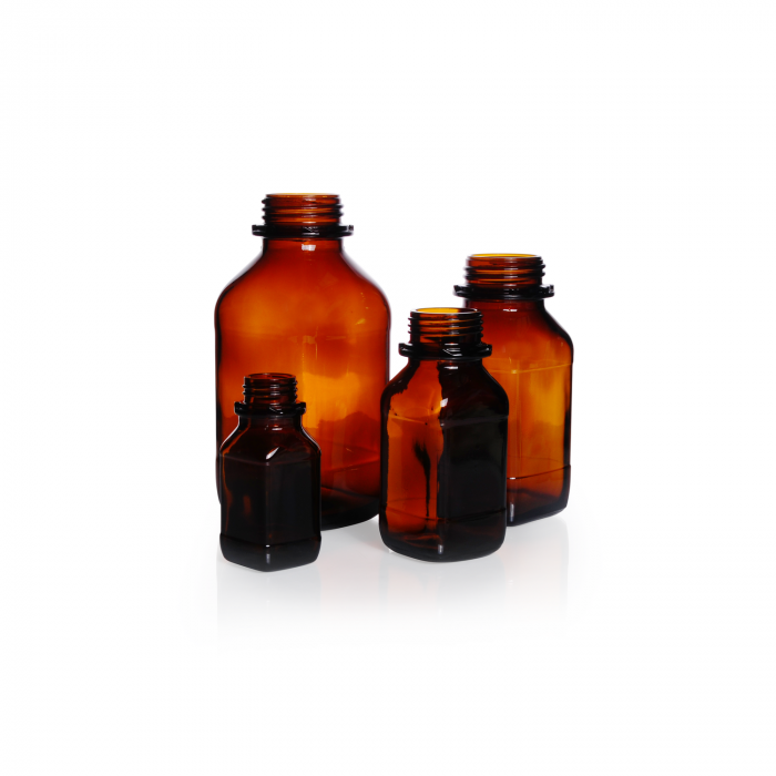 Square bottle, wide neck, amber, 500 ml, without cap & pouring ring, soda-lime-
