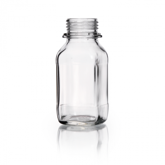 Square bottle, wide neck, clear, 250 ml, without cap & pouring ring, soda-lime-