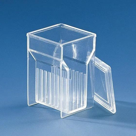 Stain.trough PMP Hellendahl ext. w. lid
for 16 slides 76x26 mm