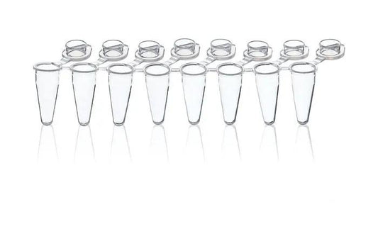 Стрипови од 8 PCR туби, PP, со прикачено капаче, 0.15ml, низок профил