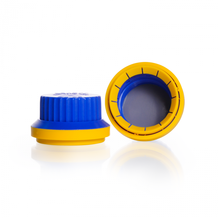 Tamper-evident screw caps, GL 45, PP, blue-yellow, with PTFE sealing, for DURAN