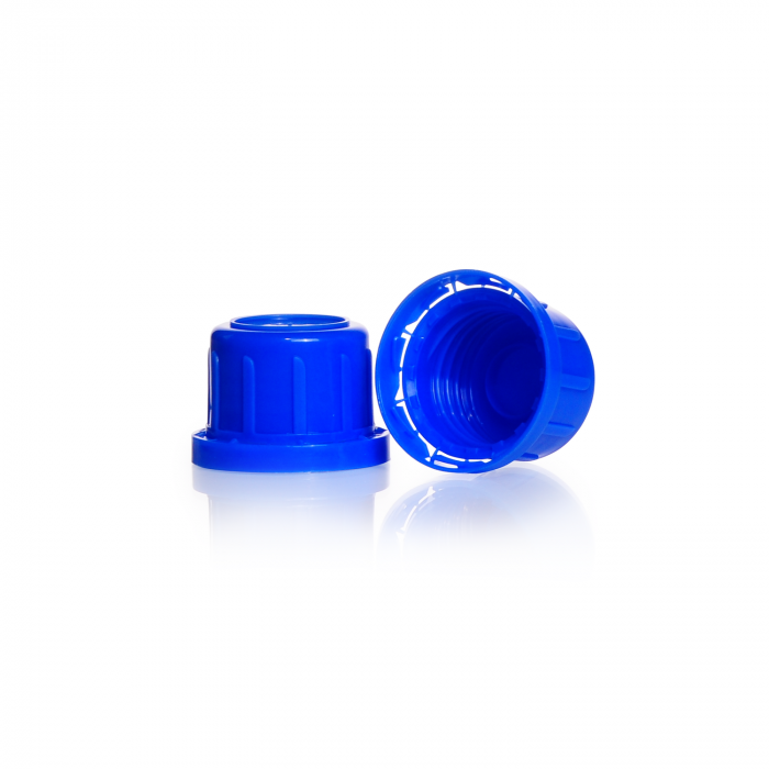 Tamper-proof screw caps for narrow neck square Glass Bottles, GL 32 H, PP, blue