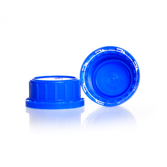 Tamper-proof screw caps for wide neck square Glass Bottles, GL 45 K, PP, blue