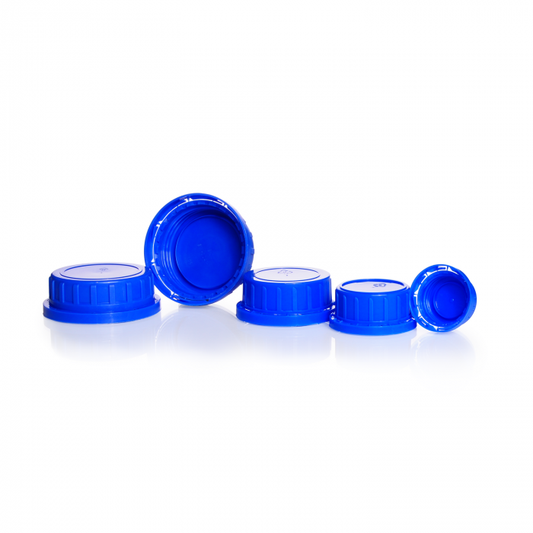 Tamper-proof screw caps for wide neck square Glass Bottles, GL 32 K, PP, blue