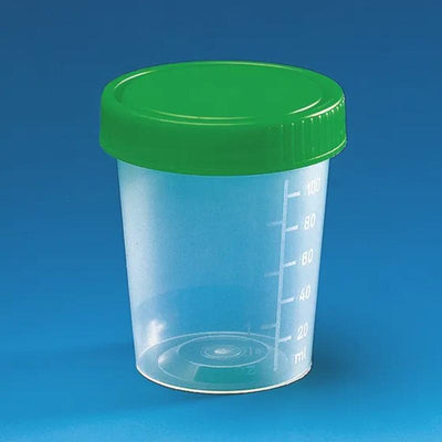 Urine beaker, PP, screw cap, IVD
grad. to 100 ml, green cap
dia. 65 mm, h. 75