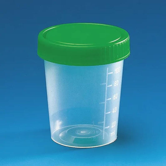 Urine beaker, PP, screw cap, IVD
grad. to 100 ml, green cap
dia. 65 mm, h. 75