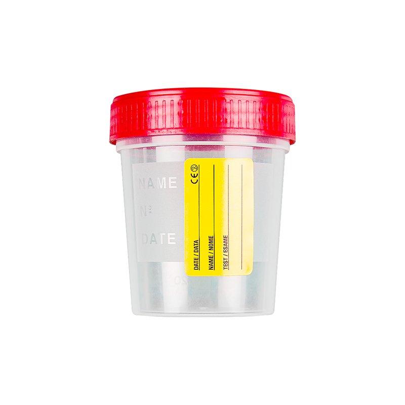 Urintainer ® Urine container 120 ml in PP with red screw cap, with paper label,