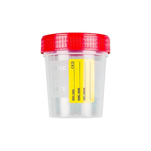 Urintainer ® Urine container 120 ml in PP with red screw cap, with paper label c