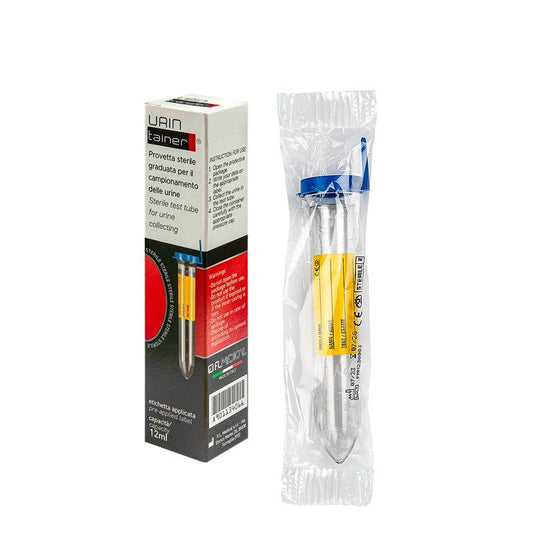 Urintainer ® urine test tube 12 ml in PS with blue cap and label, individually w
