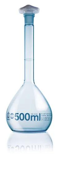 Vol. flask BLAUBRAND PUR coated A DE-M
  50 ml w, Boro 3.3, NS 14/23 PP-stopper